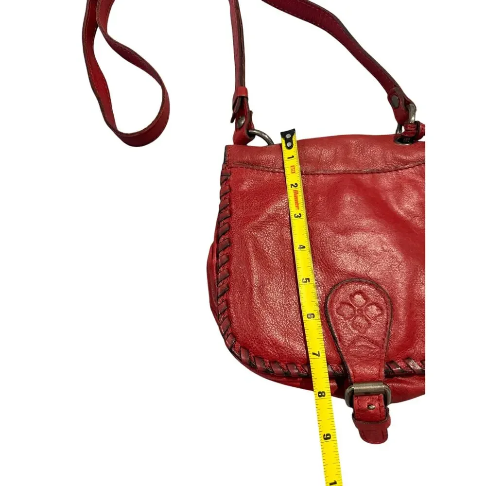Patricia Nash Karisa Leather Whipstitch Saddle Bag Berry Red Tassels
